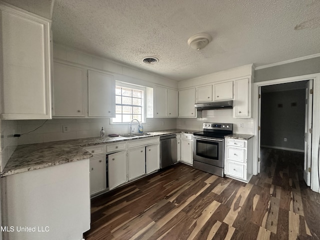 kitchen featuring sink, backsplash, white cabinets, dark hardwood / wood-style flooring, and stainless steel appliances