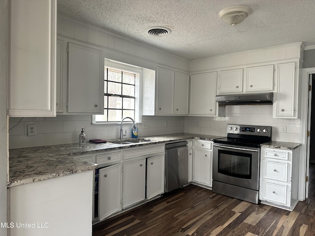 kitchen with sink, appliances with stainless steel finishes, white cabinetry, tasteful backsplash, and dark hardwood / wood-style flooring