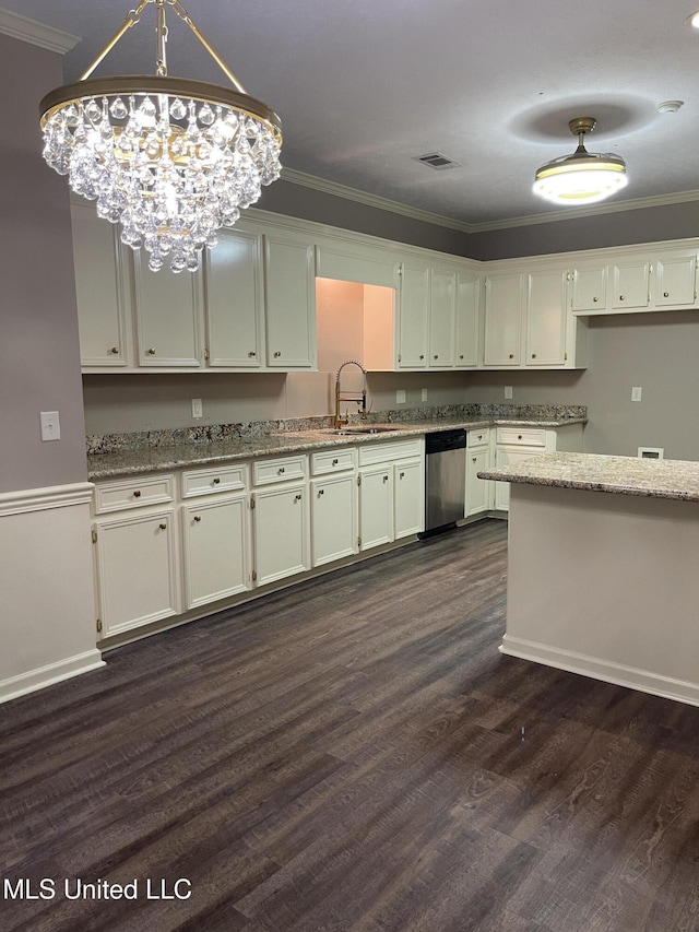 kitchen with sink, pendant lighting, a notable chandelier, dishwasher, and dark hardwood / wood-style floors