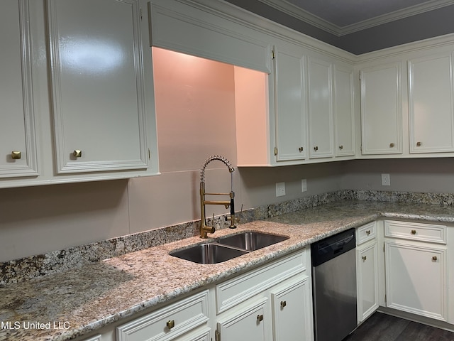 kitchen featuring sink, light stone counters, stainless steel dishwasher, crown molding, and white cabinets