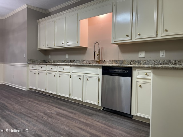 kitchen with stainless steel dishwasher, white cabinets, ornamental molding, and stone counters