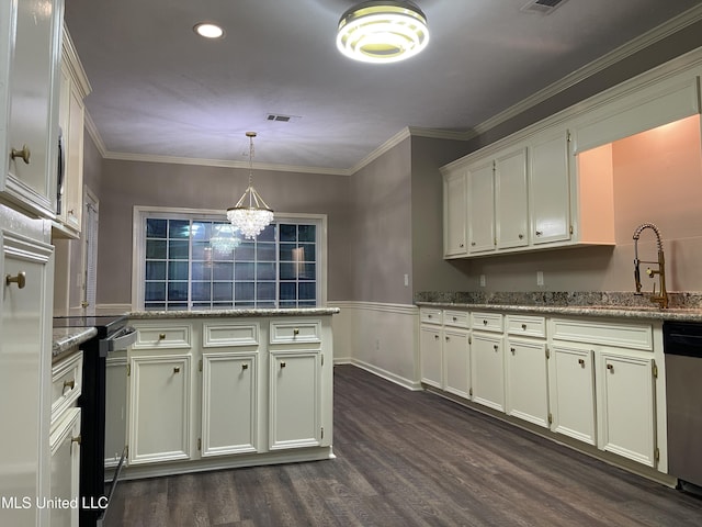 kitchen with sink, dark hardwood / wood-style flooring, stone countertops, decorative light fixtures, and appliances with stainless steel finishes