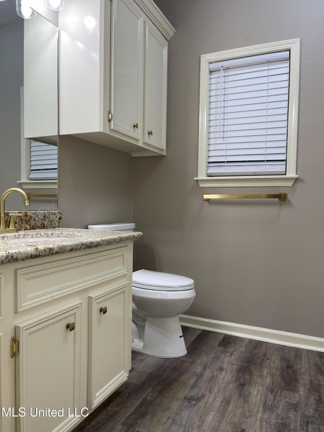 bathroom with hardwood / wood-style floors, vanity, and toilet