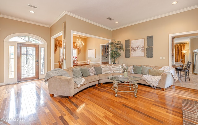 116 Hidden Hills Dr, Madison, MS 39110 - living area with light wood-type flooring, a chandelier, ornamental molding, and recessed lighting