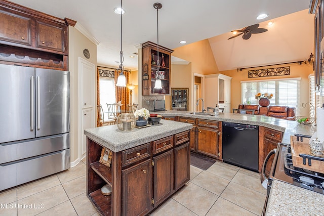 116 Hidden Hills Dr, Madison, MS 39110 - kitchen featuring freestanding refrigerator, black dishwasher, open shelves, light tile patterned floors, and vaulted ceiling