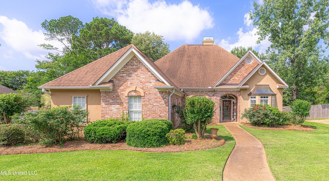 116 Hidden Hills Dr, Madison, MS 39110 - traditional-style home with a chimney, stucco siding, a shingled roof, and brick siding