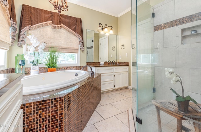 116 Hidden Hills Dr, Madison, MS 39110 - bathroom with vanity, plenty of natural light, a garden tub, a shower stall, and crown molding