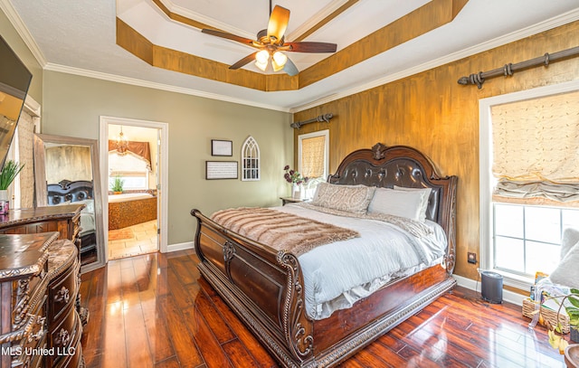 116 Hidden Hills Dr, Madison, MS 39110 - bedroom with hardwood / wood-style floors, a raised ceiling, ensuite bath, crown molding, and ceiling fan