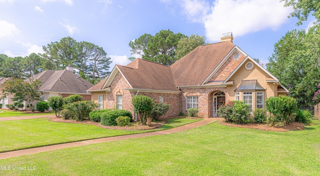116 Hidden Hills Dr, Madison, MS 39110 - view of front of house featuring brick siding, a front yard, and a chimney