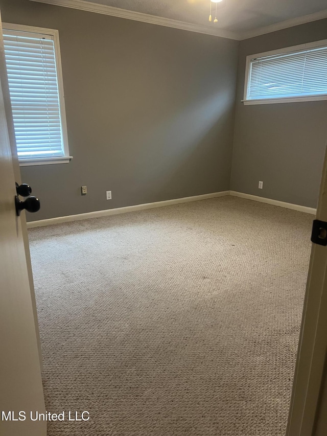 carpeted spare room featuring ornamental molding, a healthy amount of sunlight, and baseboards