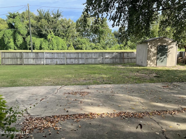 view of yard with an outbuilding, a fenced backyard, and a shed