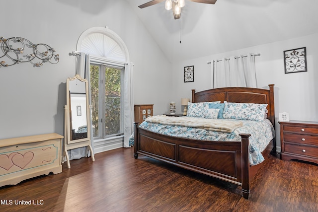 bedroom featuring ceiling fan, dark hardwood / wood-style flooring, and high vaulted ceiling