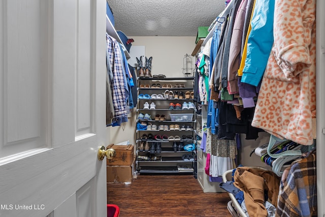 walk in closet with dark hardwood / wood-style floors