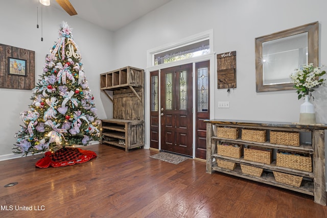 entrance foyer with dark hardwood / wood-style floors and ceiling fan