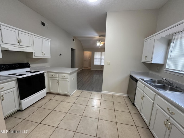 1664 Thomas St, Horn Lake, MS 38637 - kitchen featuring electric range, under cabinet range hood, a sink, stainless steel dishwasher, and a peninsula