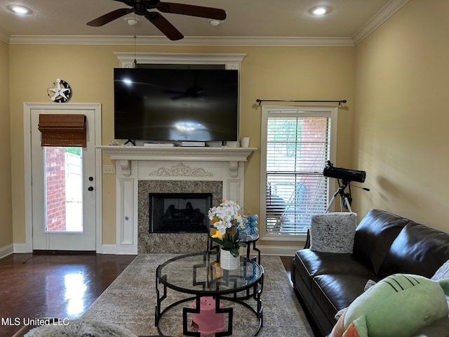 117 Memory Ln, Madison, MS 39110 - living area with ornamental molding, a fireplace, baseboards, recessed lighting, and a ceiling fan