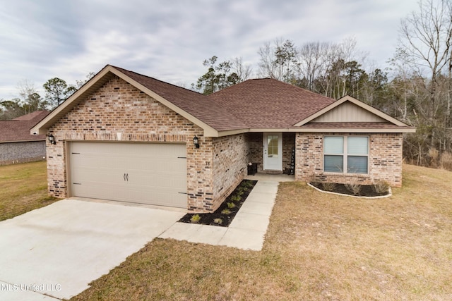 ranch-style house with a front lawn, concrete driveway, brick siding, and an attached garage