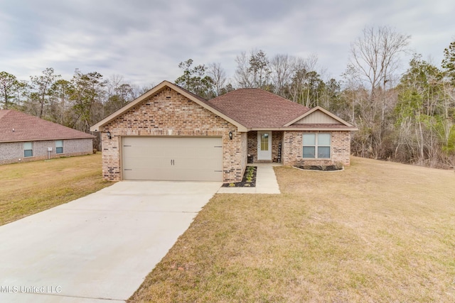 ranch-style home with concrete driveway, brick siding, a front lawn, and an attached garage