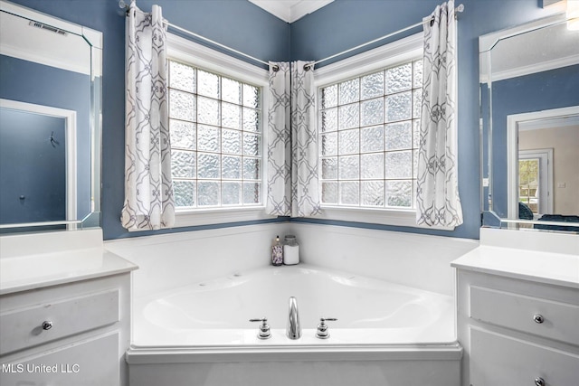 bathroom with vanity and a washtub