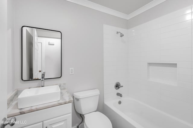 bathroom with toilet, vanity, shower / bathing tub combination, and ornamental molding