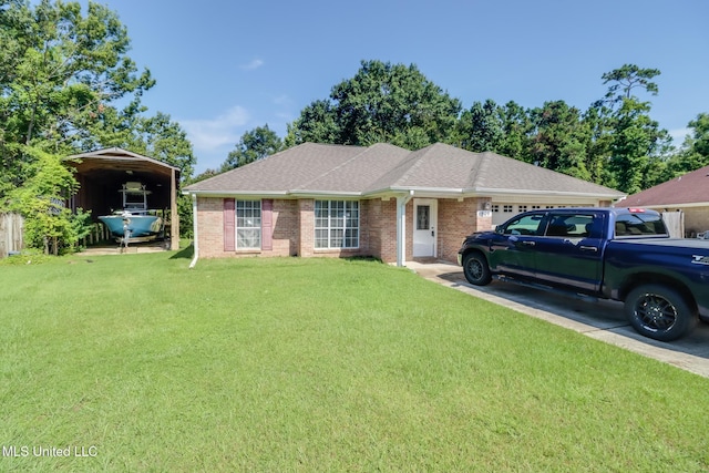6909 N Rue Mornay, Biloxi, MS 39532 - ranch-style house featuring a front lawn, brick siding, roof with shingles, an attached garage, and a carport