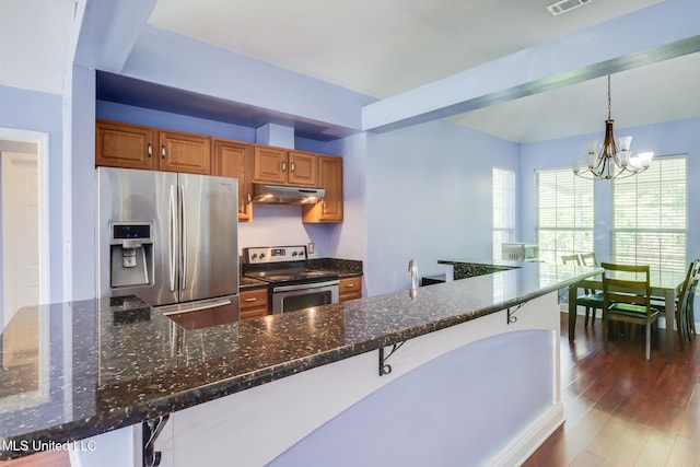 6909 N Rue Mornay, Biloxi, MS 39532 - kitchen with appliances with stainless steel finishes, under cabinet range hood, a chandelier, and dark stone countertops