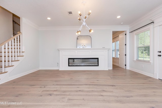 unfurnished living room with ornamental molding, a chandelier, and light wood-type flooring