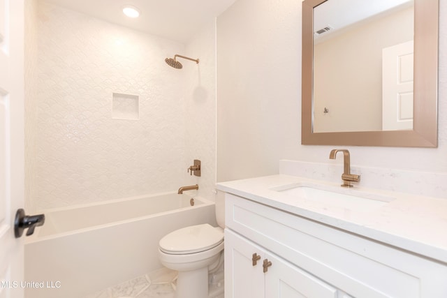 full bathroom featuring tiled shower / bath combo, vanity, tile patterned floors, and toilet