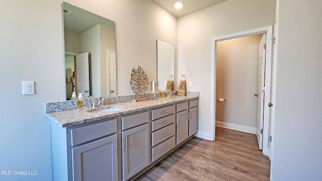 bathroom with vanity and hardwood / wood-style flooring