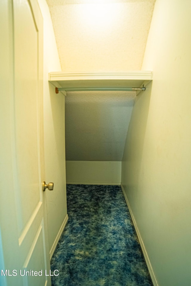 spacious closet featuring dark carpet and vaulted ceiling