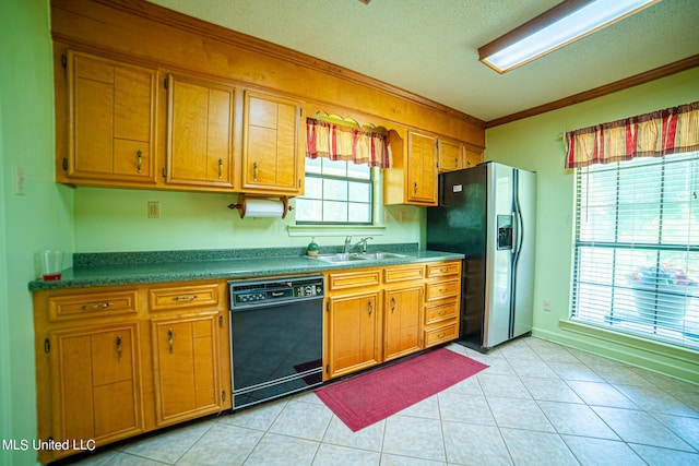 kitchen featuring dishwasher, sink, stainless steel fridge with ice dispenser, crown molding, and light tile patterned floors