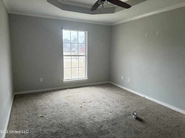 carpeted empty room with a raised ceiling, ceiling fan, and ornamental molding