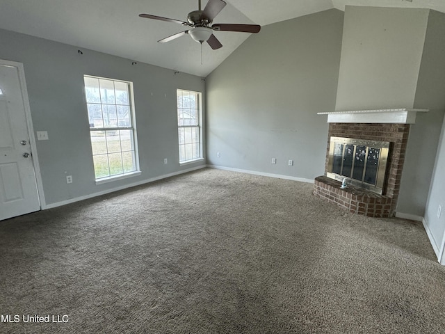 unfurnished living room with carpet, ceiling fan, lofted ceiling, and a brick fireplace