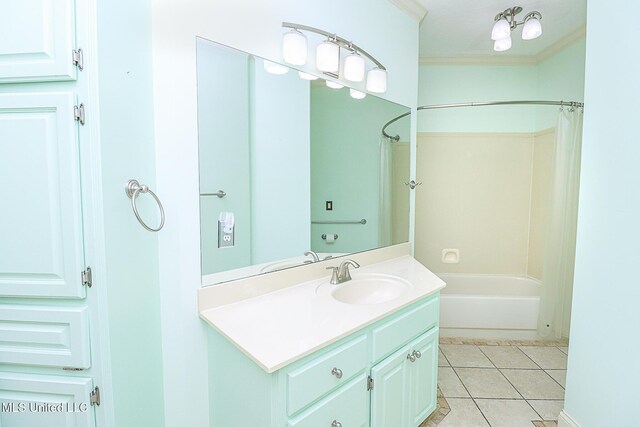 bathroom with tile patterned flooring, ornamental molding, vanity, and shower / bath combination with curtain