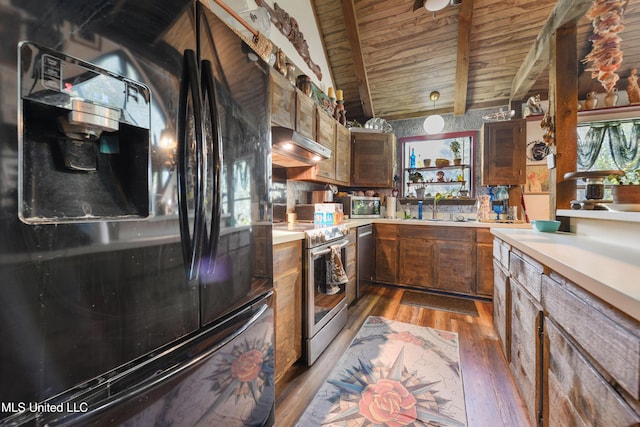 kitchen featuring wooden ceiling, exhaust hood, vaulted ceiling with beams, dark hardwood / wood-style floors, and stainless steel appliances