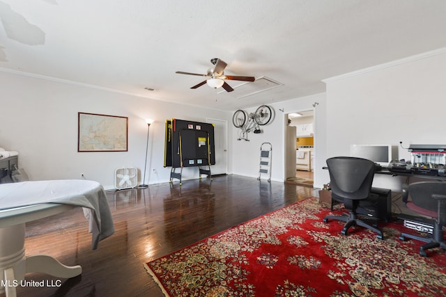 403 Suzanne Ave, Long Beach, MS 39560 - office space featuring attic access, a ceiling fan, wood finished floors, and ornamental molding