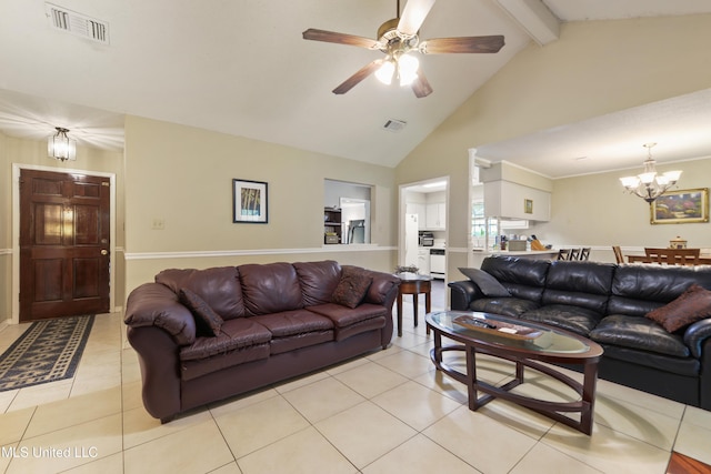 403 Suzanne Ave, Long Beach, MS 39560 - living area with light tile patterned flooring, a chandelier, beam ceiling, high vaulted ceiling, and ceiling fan