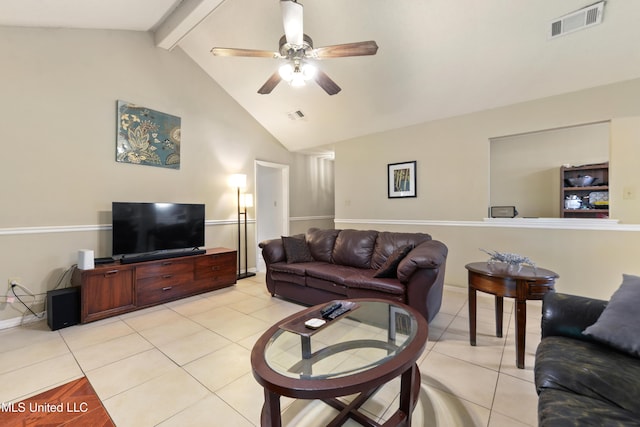 403 Suzanne Ave, Long Beach, MS 39560 - living area with light tile patterned floors, ceiling fan, beamed ceiling, and high vaulted ceiling