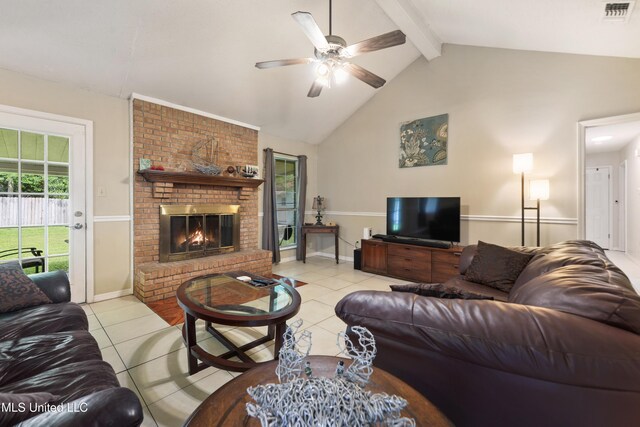 403 Suzanne Ave, Long Beach, MS 39560 - living room with light tile patterned floors, ceiling fan, a brick fireplace, beam ceiling, and high vaulted ceiling