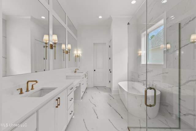 bathroom featuring vanity, ornamental molding, and independent shower and bath