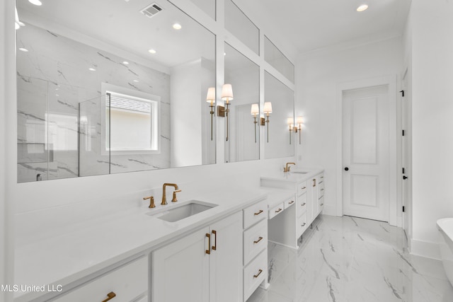 bathroom featuring vanity, an enclosed shower, and crown molding