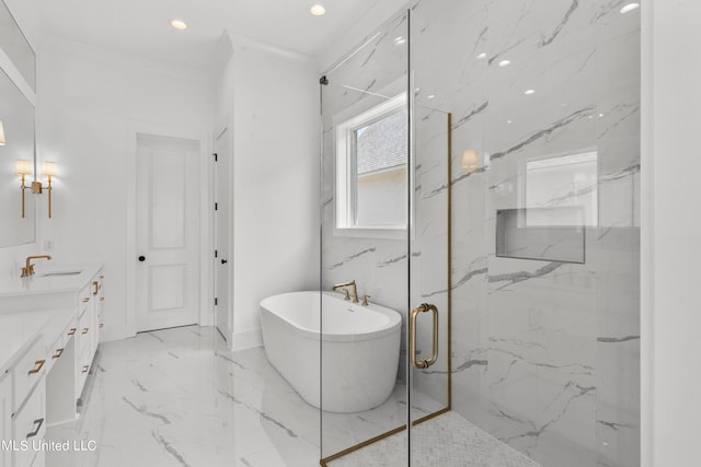 bathroom featuring vanity, crown molding, and plus walk in shower