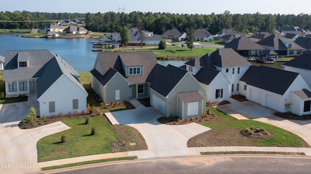 bird's eye view with a water view