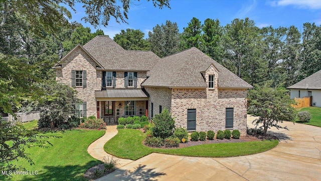 french country inspired facade featuring a porch and a front yard