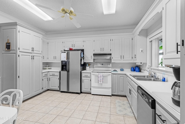 kitchen featuring white cabinets, appliances with stainless steel finishes, a textured ceiling, crown molding, and sink