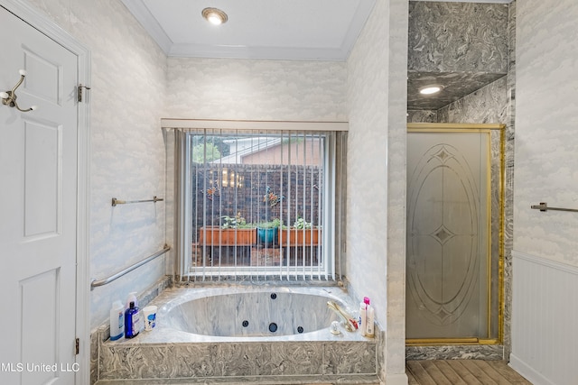 bathroom featuring separate shower and tub, ornamental molding, and wood-type flooring