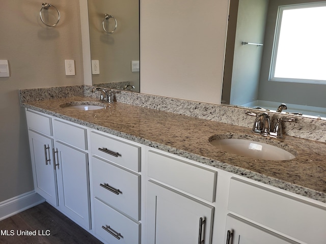 bathroom with hardwood / wood-style floors and vanity