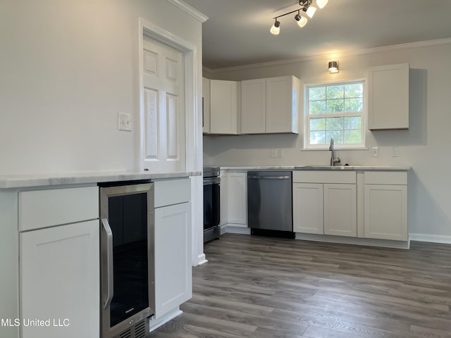 kitchen with white cabinets, ornamental molding, sink, dishwasher, and wine cooler