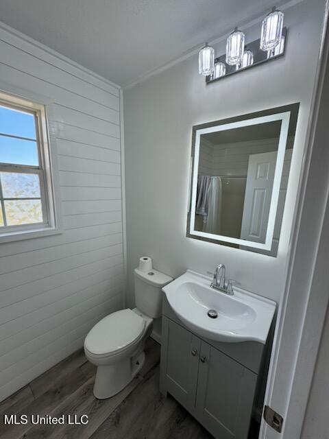 bathroom with curtained shower, vanity, wood-type flooring, and toilet