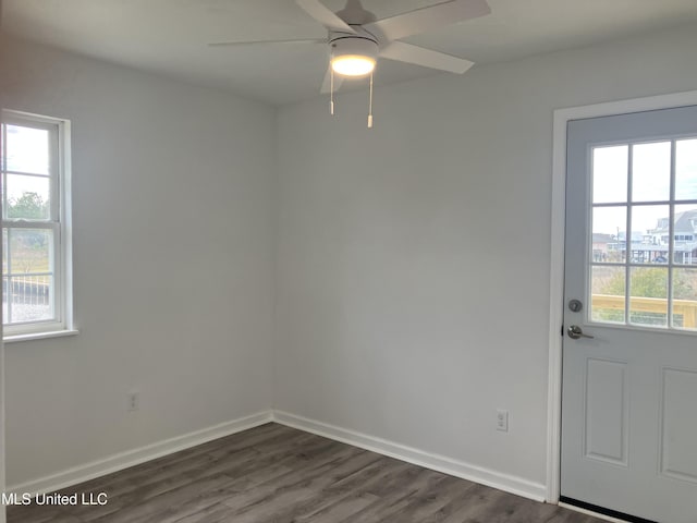 interior space featuring ceiling fan and dark wood-type flooring